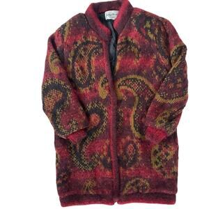John Weitz Women's kid Mohair Sweater Coat Red Paisley Whimsigoth Boho Western